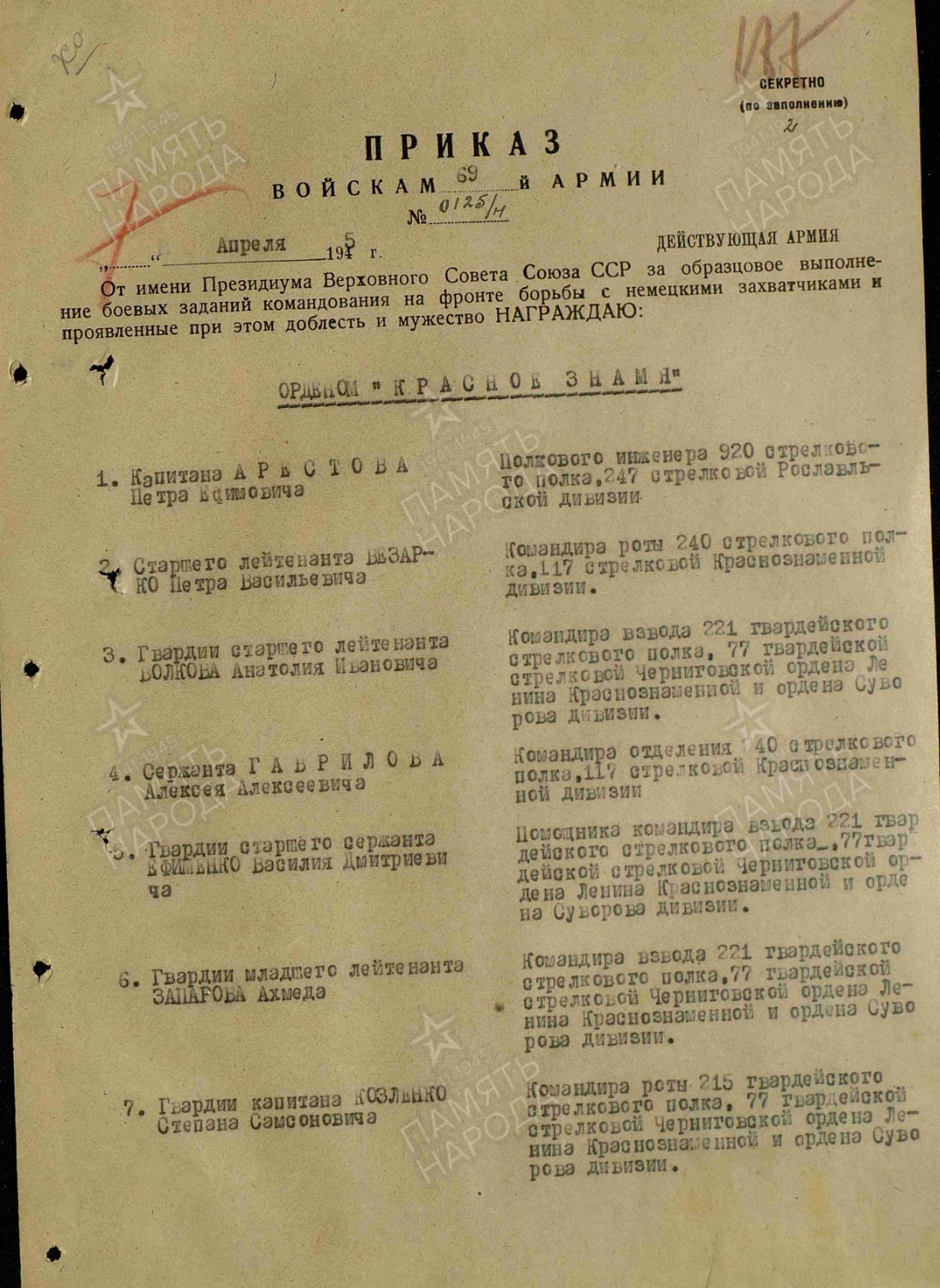 Приказ о награждении Иосифа Ильича Нищева орденом Славы II степени