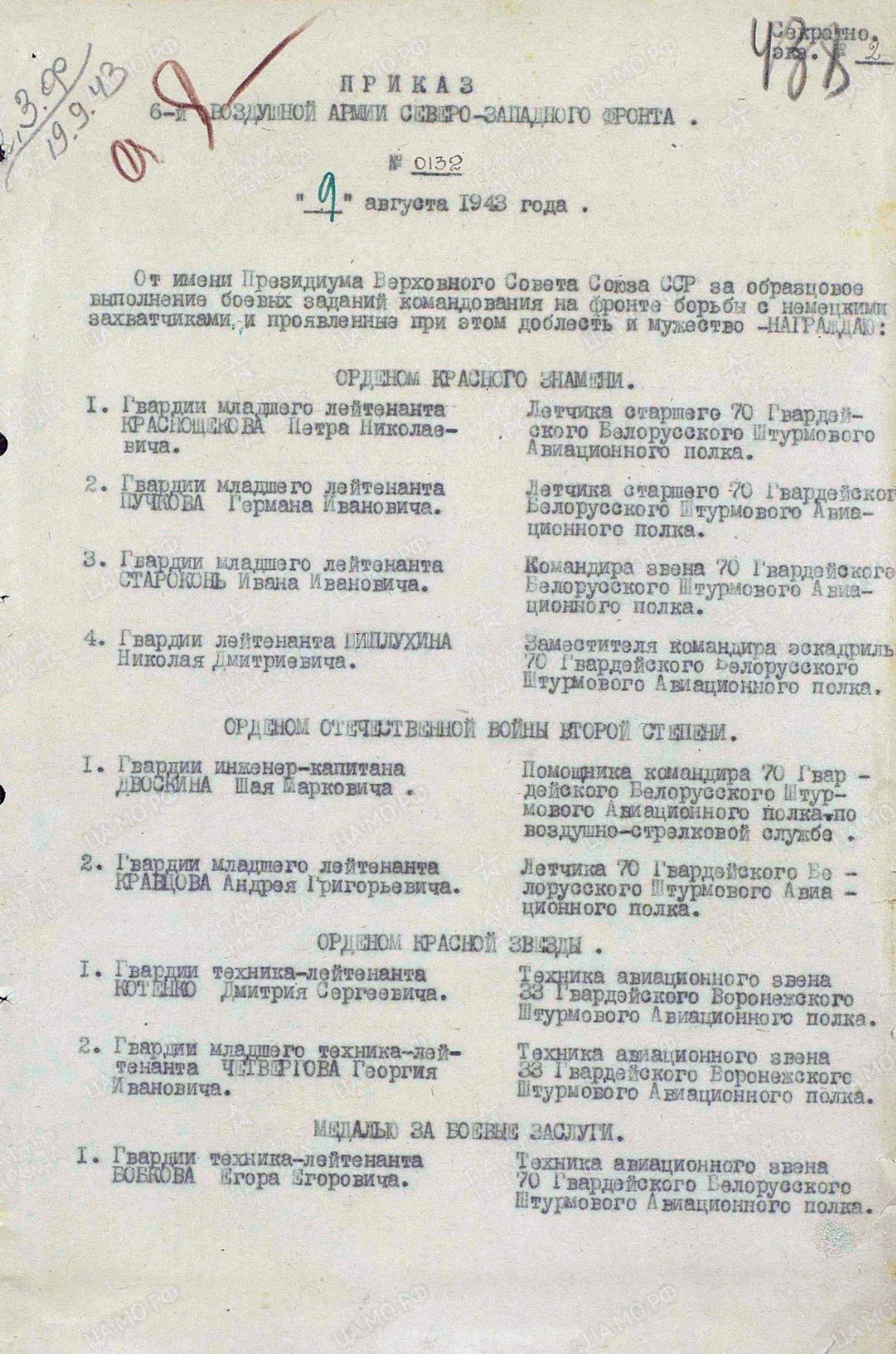 Приказ от 9 августа 1943 года о награждении Николая Дмитриевича Цыплухина орденом Красного Знамени. В списке его имя под №4